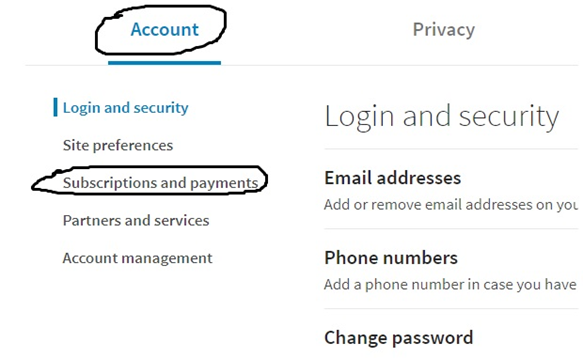 Next, Click on Account and Subscriptions & payments in LinkedIn