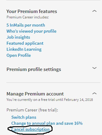 choose Cancel subscription in LinkedIn