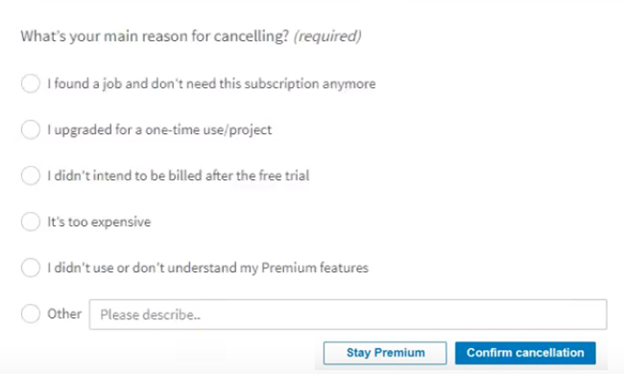 Premium account and click on Confirm cancellation in LinkedIn